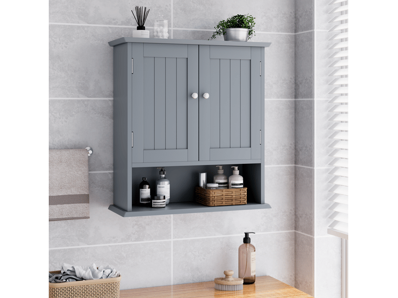Armoire de salle de bains murale 54,6 x 19,8 x 60 cm avec 2 portes et étagère ouverte, mdf gris clair - Conforama D