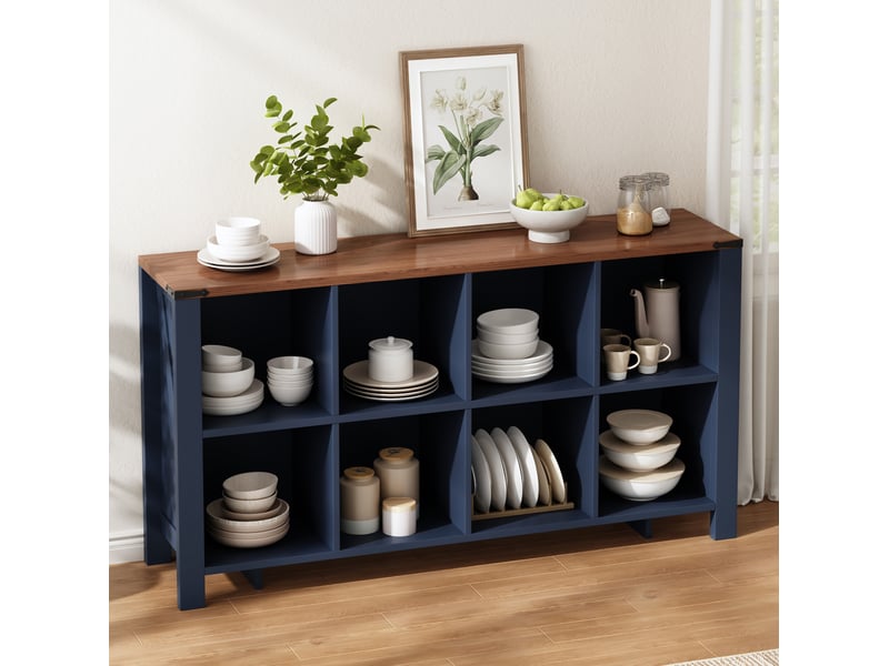 Buffet de rangement bleu en mdf avec 8 compartiments ouverts, 140 x 34 x 75 cm, pour un intérieur organisé - Conforama B