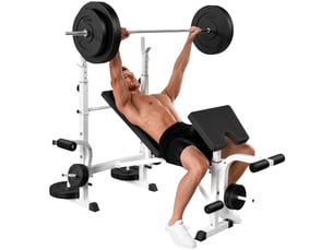 Banc de musculation incliné avec support pour haltères réglable, extension des jambes et pupitre à biceps pour salle de sport