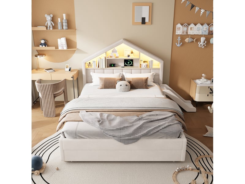  Lit cabane enfant 140x200 cm, beige, équipé de led, de toboggan, de coffre de rangement et de prise de charge, sans matelas  - Conforama D