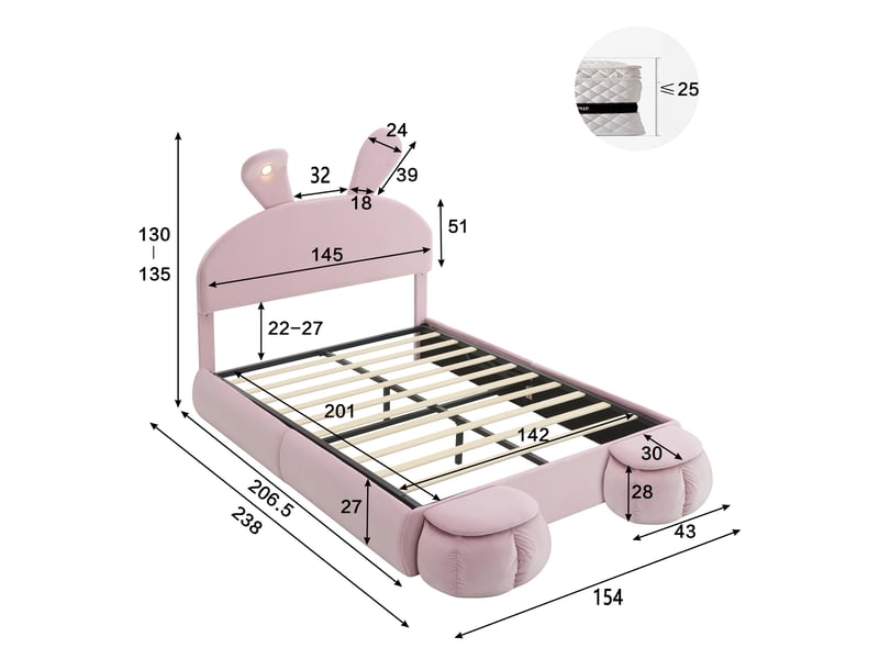  Lit coffre 140x200 cm, lit double enfant et design oreilles de lapin avec led, en velours, sommier à lattes avec 2 poufs de rangement, rose  - Conforama E