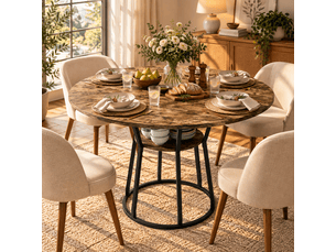 Table à manger ronde 6 personnes avec plateau aspect bois et pied en métal 120 cm, bois clair