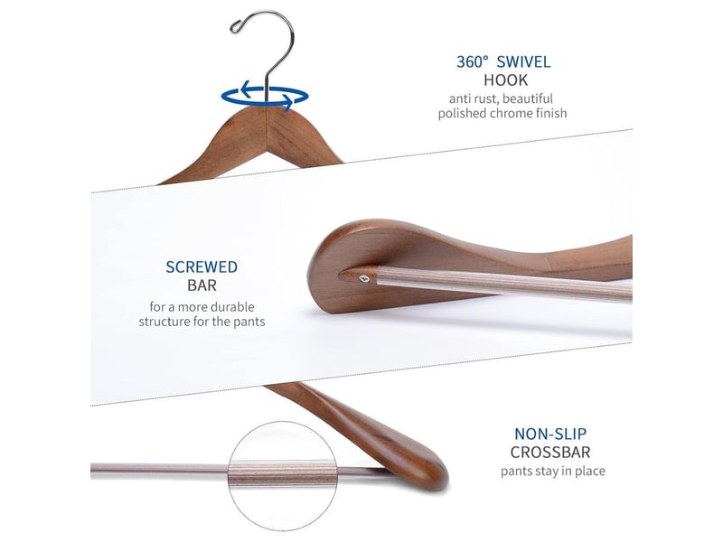  Cintres en bois pour costumes, manteaux, vestes et chemises, avec épaules extra-larges, crochets pivotants à 360° et barre antidérapante avec vis (lot de 4)  - Conforama B