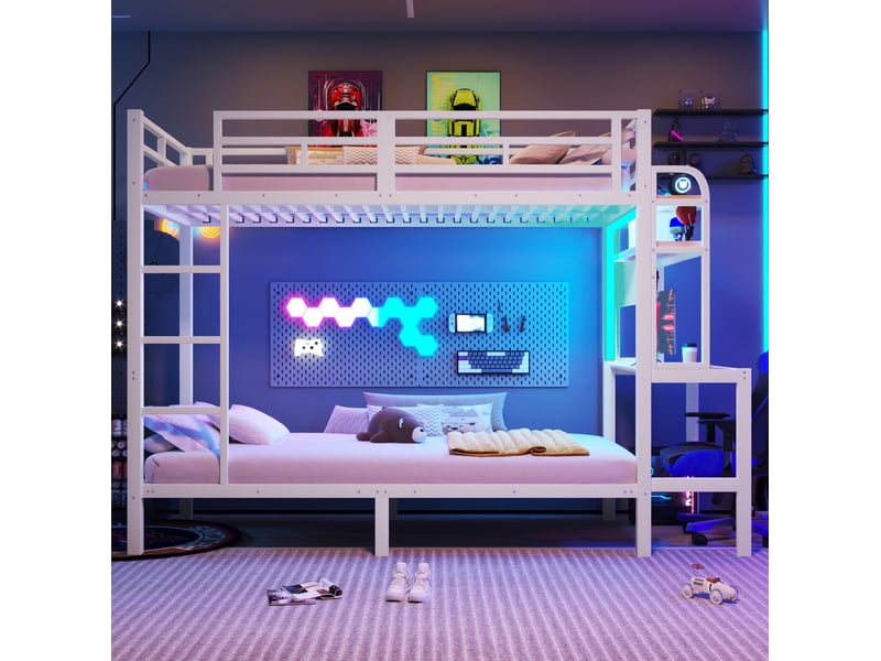  Lit superposé enfant 90 x 200 cm en métal et mdf, avec bureau, rangements, éclairage led et port usb, blanc  - Conforama D