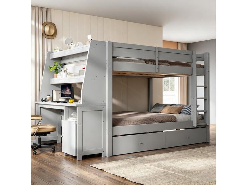 Lit superposé 140 × 200 cm, 2 couchages avec bureau, rangements et 2 tiroirs, sans matelas, en bois gris - Conforama C