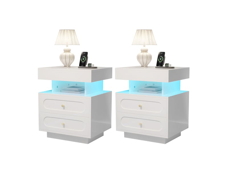  Table de chevet led 100x40x60 cm 2 tiroirs 1 rangement ouvert panneau de particules blanc  - Conforama A