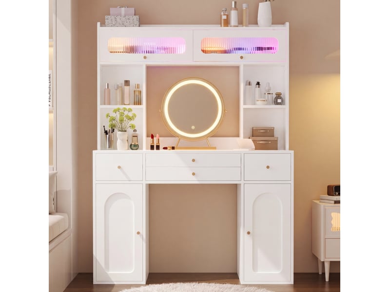  Coiffeuse 120 x 40 x 160 cm blanche, mdf, verre et bambou, miroir rond éclairé, quatre tiroirs et rangements  - Conforama B