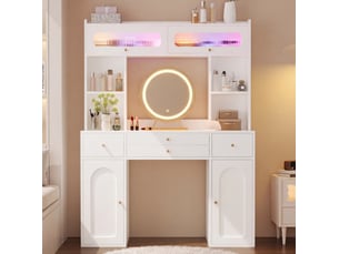 Coiffeuse 120 x 40 x 160 cm blanche, mdf, verre et bambou, miroir rond éclairé, quatre tiroirs et rangements