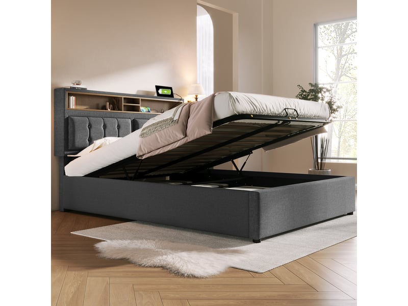  Lit rembourré double 160x200 cm en lin gris avec coffre, usb type-c, tête réglable, sans matelas  - Conforama C