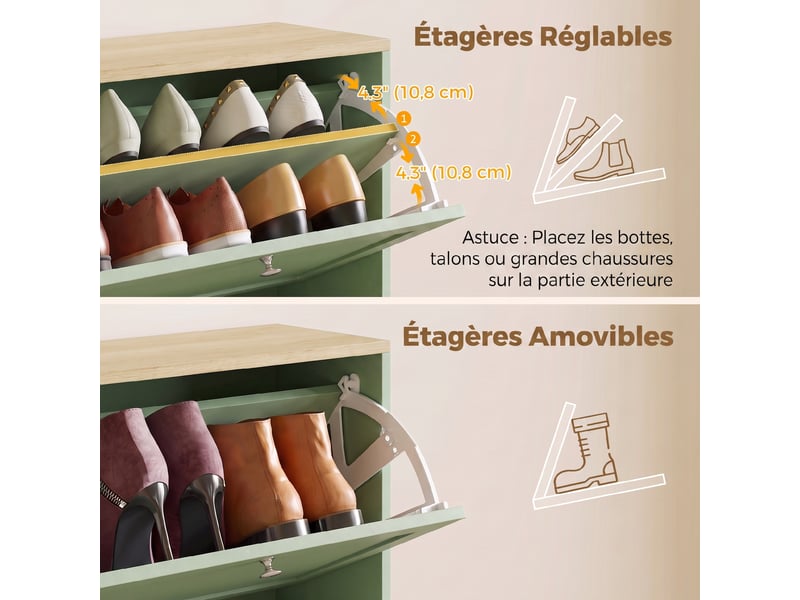  Meuble à chaussures 24 paires, armoire à chaussures avec 4 tiroirs rabattables, étagères réglables, 60x23,5x153cm, vert  - Conforama E