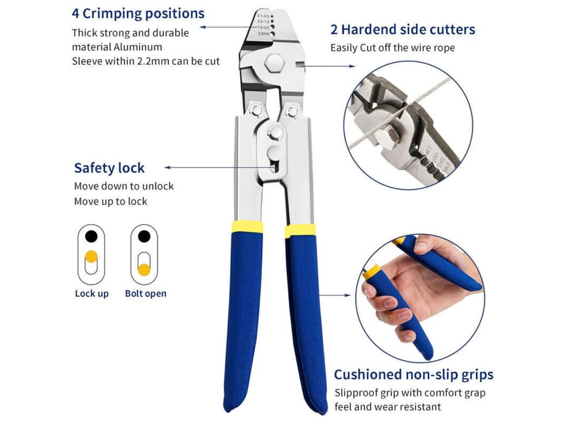  Outil de sertissage de câbles métalliques pour cable métallique jusqu'à 2,2 mm avec 150 manchons de sertissage double barillet en aluminium  - Conforama C