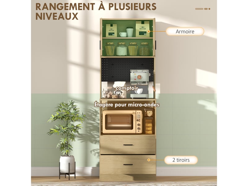  Meuble micro-ondes, buffet, 2 tiroirs, 2 portes, plan de travail, étagère réglable, 4 crochets, panneau perforé, naturel  - Conforama A