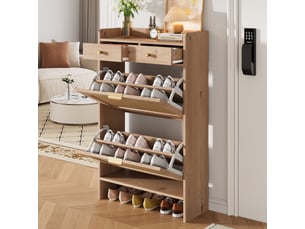 Meuble à chaussures - 65x25x106cm - meuble d'entrée effet rotin avec 2 tiroirs, 2 abattants, niche basse - chêne naturel