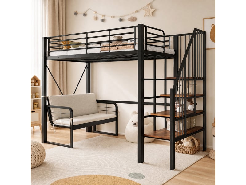  Lit superposé 90x200 cm avec escalier de rangement, canapé amovible en métal noir  - Conforama B
