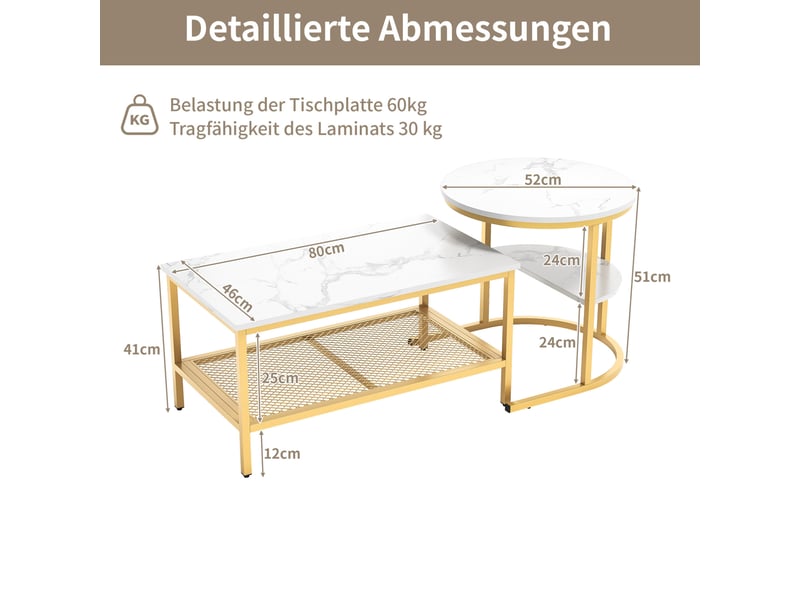  Lot de 2 tables gigognes dorées en bois et acier inoxydable, aspect marbre  - Conforama E