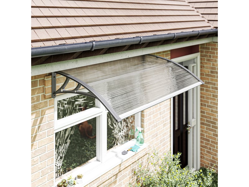  Auvent de porte, protection contre la pluie, le vent et la grêle, polycarbonate, barres de liaison en aluminium, 110 x 60 x 18 cm, gris  - Conforama D
