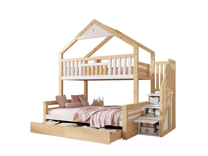  Lit superposé 90 × 200 cm et 140 × 200 cm 3 places, escalier, 2 tiroirs, sans matelas, en bois blanc et chêne  - Conforama A