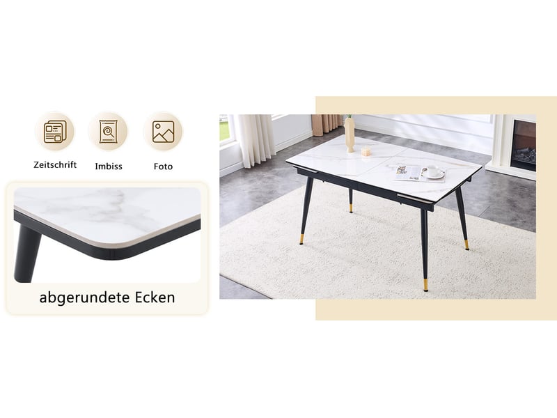  Table à manger extensible 140-200 cm avec plateau en céramique aspect marbre, piètement métal noir et embouts dorés  - Conforama D