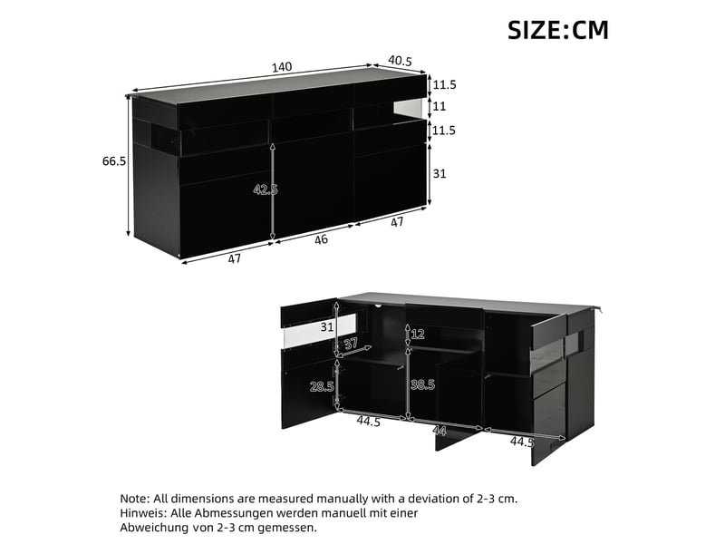 Buffet noir 140x40,5x66,5 cm avec 3 portes, led et façade acrylique transparente - Conforama C