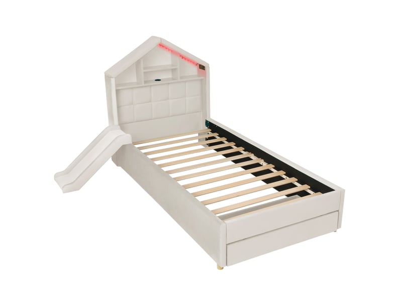 Lit enfant 90x200 cm beige en velours, toboggan réversible, led, port de charge et grand tiroir de rangement  - Conforama D
