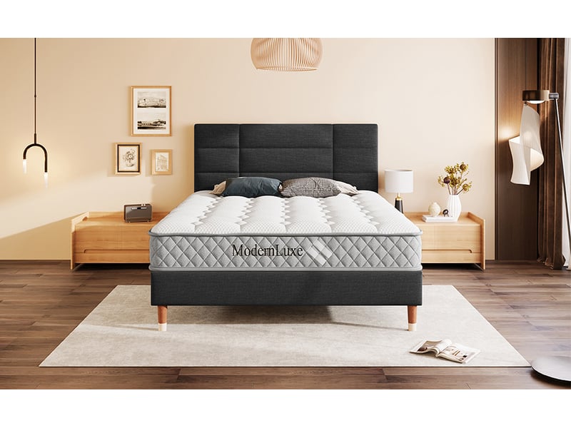  Lit adulte double 140x200 cm en tissu de lin noir avec sommier et matelas  - Conforama R