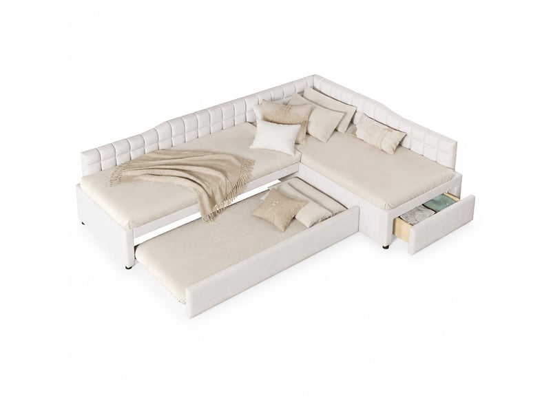 Lit l rembourré 2x90x200 cm, gigogne 90x190 cm, tiroirs gain de place, tissu flanelle douce, mdf, beige sans matelas - Conforama A