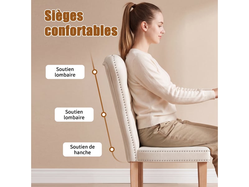  Lot de 2 chaises salle à manger,chaises de cuisine, dossier clouté,pieds en bois,rembourrée,50x47x99 cm,velours,beige  - Conforama E