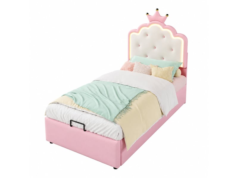  Lit enfant 90 x 200 cm rose avec sommier à lattes, rangement hydraulique et éclairage led  - Conforama A