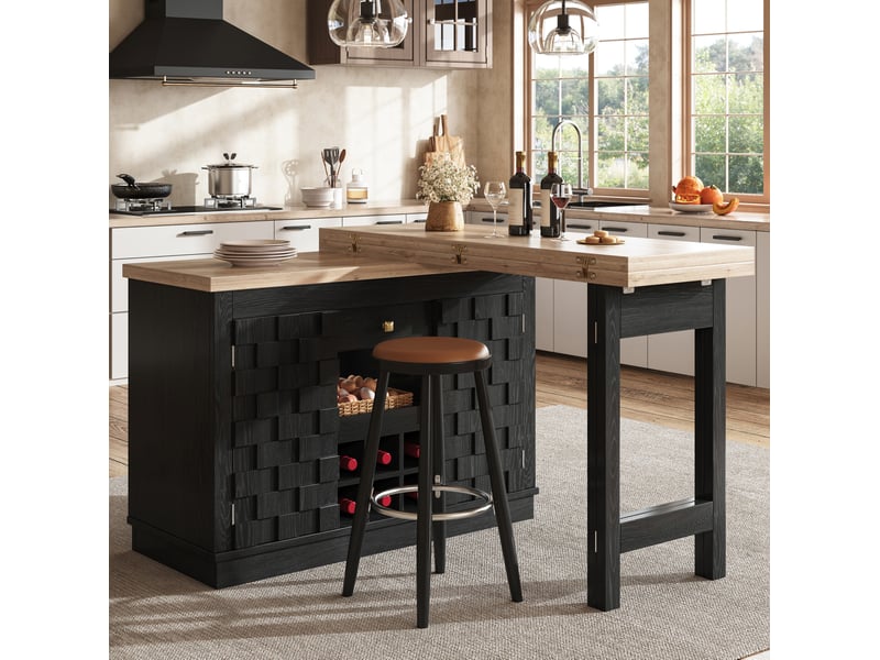  Îlot de cuisine 120-197x40x74,2 cm pivotant à 360°, rangements, porte-bouteilles amovible, tiroir, mdf, couleur noir  - Conforama B