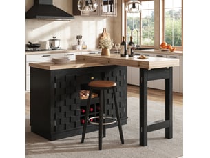 Îlot de cuisine 120-197x40x74,2 cm pivotant à 360°, rangements, porte-bouteilles amovible, tiroir, mdf, couleur noir