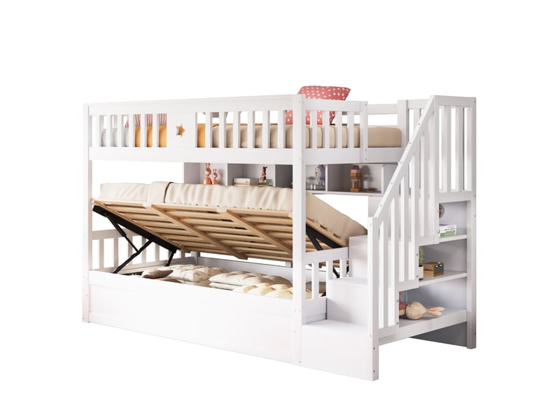  Lit superposé 90x200 cm blanc avec rangement hydraulique, étagères et escalier  - Conforama A