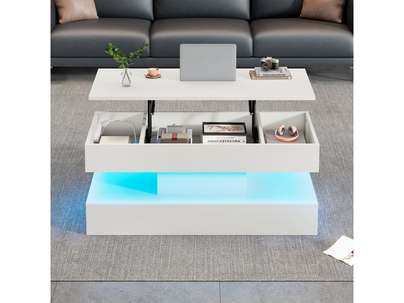  Table basse relevable avec led et rangement caché, table de salon blanche 100x50x42 cm, prises intégrées  - Conforama D