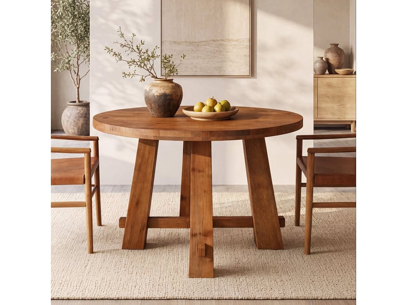  Table de salle à manger ronde en bois massif de 100 cm, table de cuisine rustique avec piètement en croix pour 2 à 4 personnes  - Conforama B