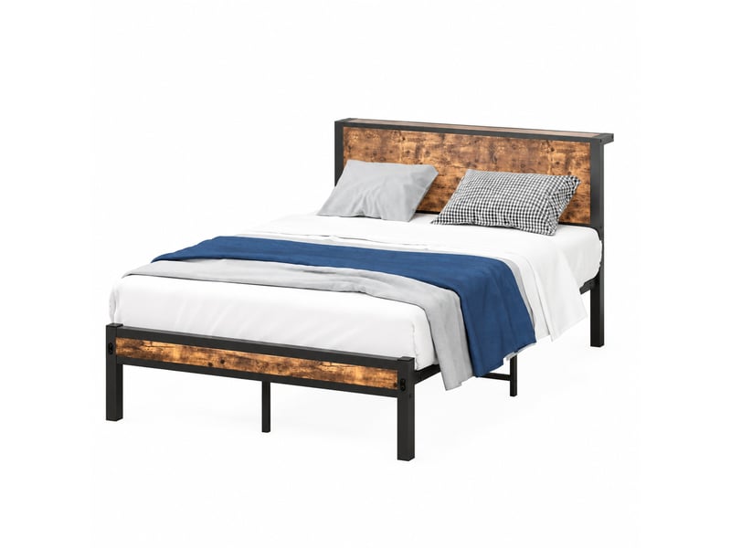  Lit simple 120×200 cm avec tête de lit et rangement - okmyhome- sans matelas, mdf et métal, brun antique  - Conforama A