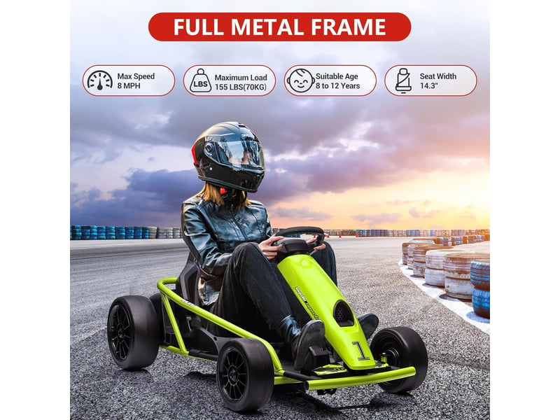  Kart électrique pour enfant 24 v, mode dérive, 2x300 w, siège réglable, mp3, 70 kg – vert PTO_0YXZO1HA - Conforama B