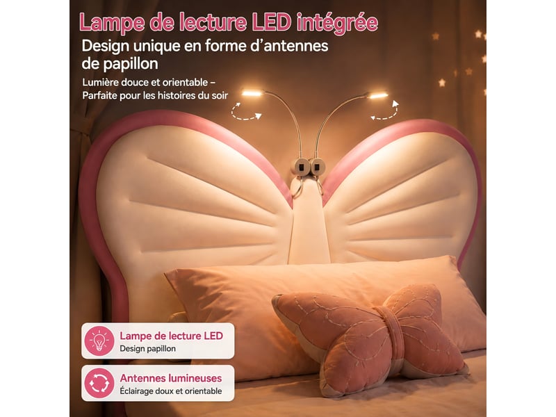  Lit enfant fille 90x190 cm, lit simple rembourré en velours avec tête de lit papillon et lampe de lecture led, hauteur réglable, rose et blanc  - Conforama D