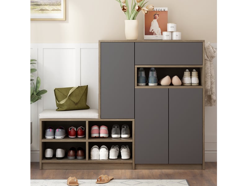  Meuble à chaussures avec banc 140x35x110 cm, étagères réglables, panneau de particules, gris  - Conforama D