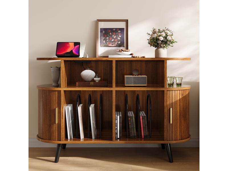  Sideboard - 110 x 40 x 76 cm - meuble pour platine vinyle et hifi avec station de charge, portes coulissantes et rangement -marron  - Conforama D
