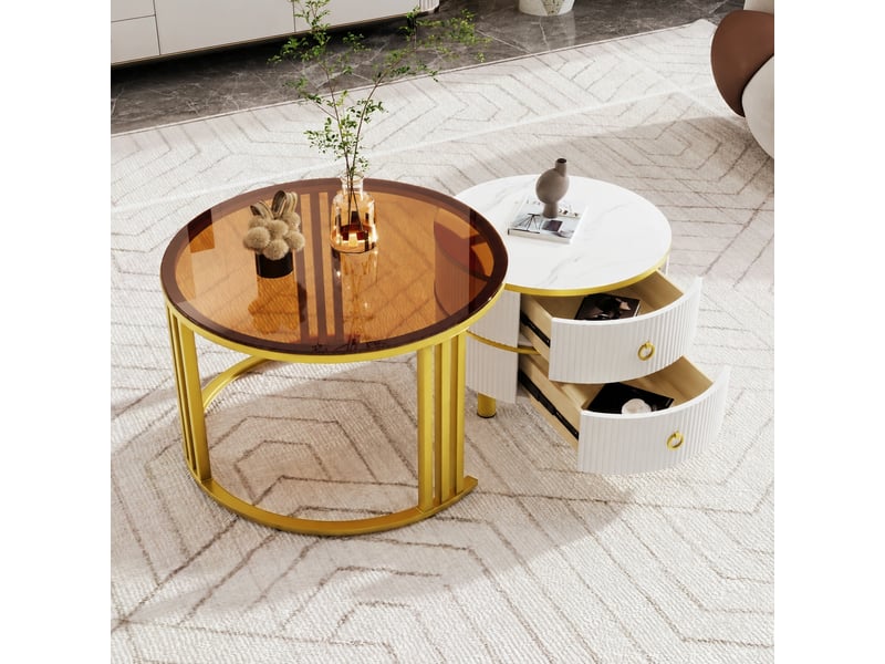  Ensemble de 2 tables basses rondes avec 2 tiroirs, blanc et doré, ø 70 et 50 cm  - Conforama B