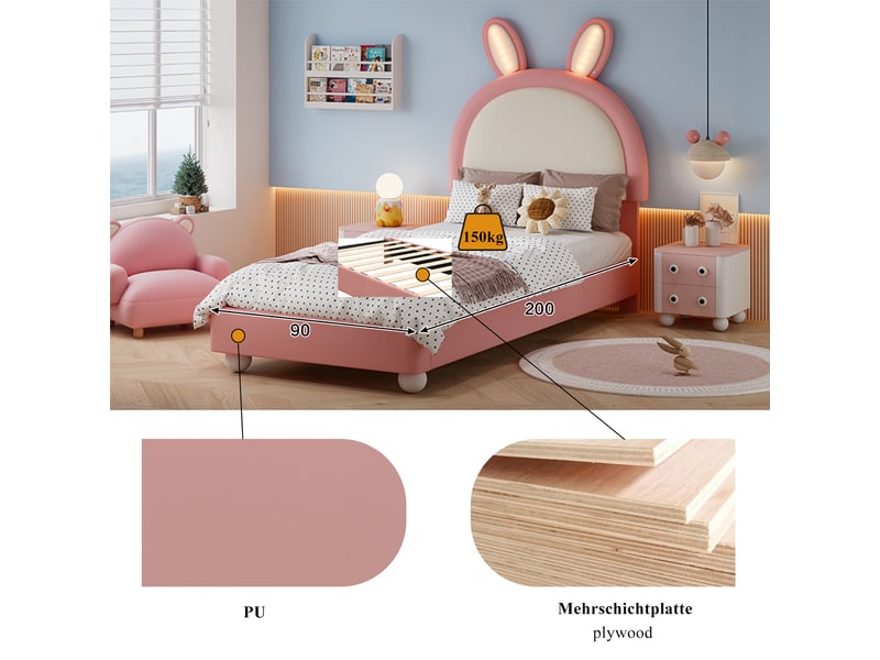 Lit enfant 90x200 cm avec tête de lit lapin et led, sommier inclus - Conforama E