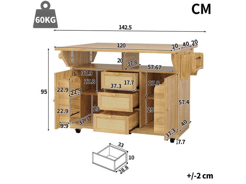  Desserte de cuisine mobile 142,5 x 80 x 95 cm coloris bois clair mdf, plateaux pliants et rangements  - Conforama C