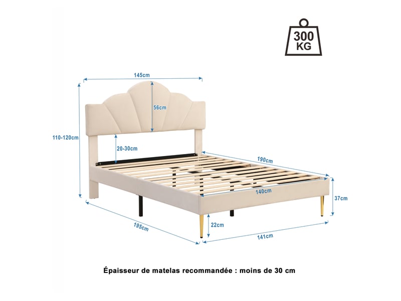  Modenvie lit rembourré 140x190 cm - velours, tête de lit réglable en hauteur, sans matelas - beige  - Conforama C