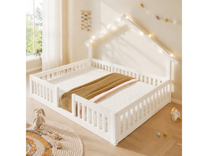  Lit surélevé enfant 140x200 cm avec sommier à lattes, garde-corps de sécurité, guirlande led, bois blanc, sans matelas  - Conforama B