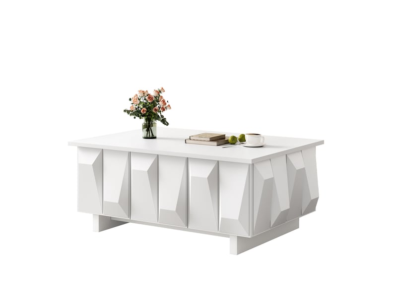  Table basse avec 3 portes et rangement, façades à structure 3d, style moderne pour salon en panneau de particules blanc  - Conforama A