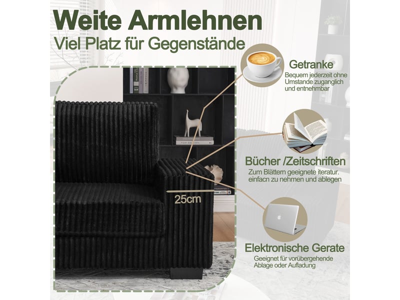  Canapé d'angle modulable réversible 4 places 256,5x133,5x89 cm, pouf ovale mobile, 2 coussins, jusqu'à 450 kg, velours côtelé noir  - Conforama E