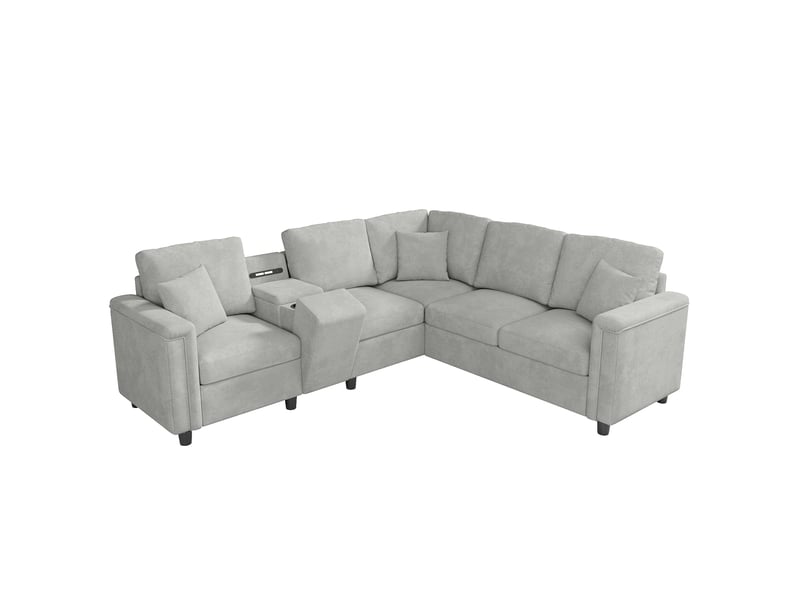 Canapé d’angle 5 places xxl 235x208x83 chenille en l avec console de rangement,ports usbusb-c et lampe de lecture, canapé moderne pour salon - gris OPULERANE TRADING LTD - Conforama A