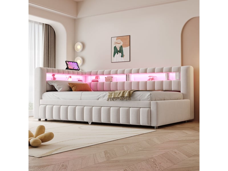  Lit banquette convertible 90x200 cm avec lit gigogne, led, usb et type-c, tête de lit avec rangement, velours beige  - Conforama B