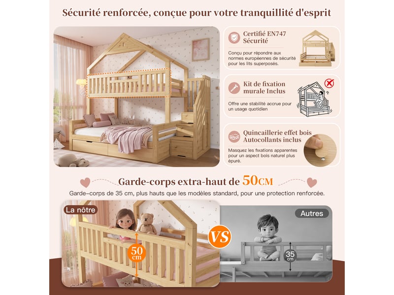  Lit superposé enfant 90x200 + 140x200 cm maison avec toit pignon, escalier rangement, 2 tiroirs et barrières sécurité - chêne  - Conforama E