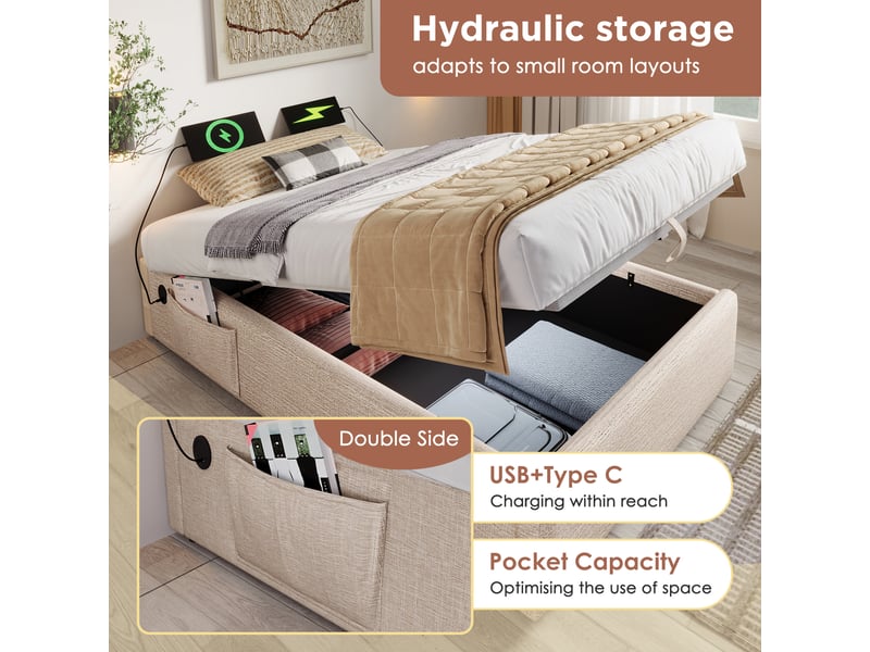 Lit coffre 160x200 cm rembourré, rangement hydraulique, usb-c intégré, revêtement lin naturel, sommier complet - Conforama D