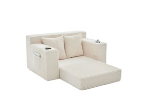 Fauteuil pouf double avec assise rembourrée, poches latérales et deux coussins en velours côtelé beige